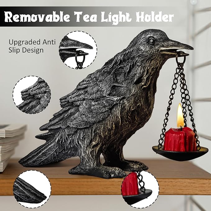 Gothic Crow Lamp with Tealight Candle Holder Resin Raven Decor Statue Gothic Home Decor for Bedroom Unique Goth Gifts Half Silver 2P