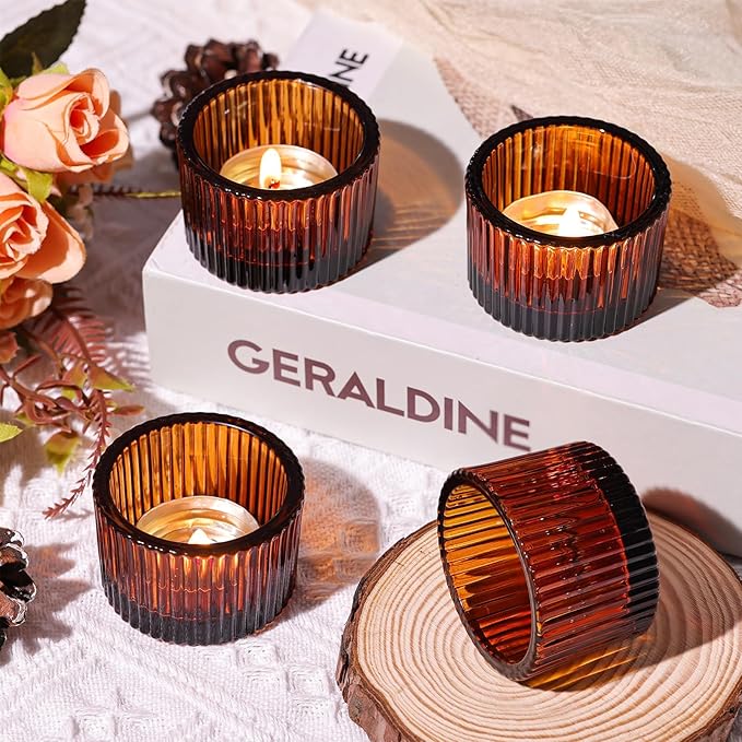HAVITI 24 Pack Amber Tealight Candle Holders, Glass Votive Candle Holders Fall Decorations for Home Table Fall Wedding Centerpieces, Party Supplies and Vintage Decor