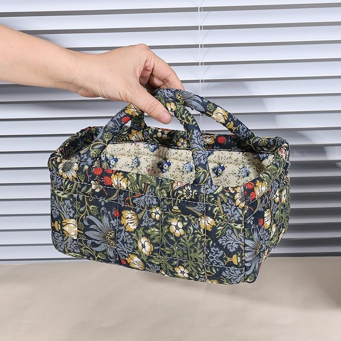 Small Storage Basket Organizer, Mini Quilted Fabric Basket with Handle, Collapsible Storage Bin for Socks, Keys, Diapers