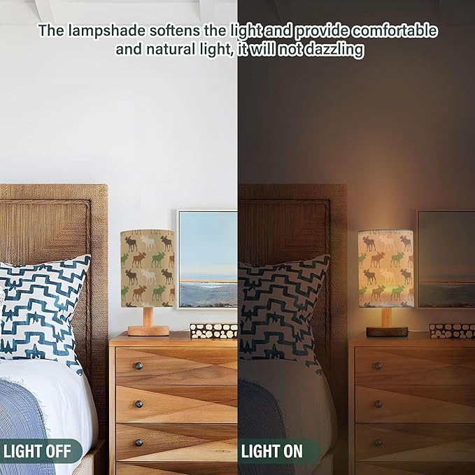 Table Lamp Elk Moose Deer Pattern Nightstand Lamp with Wood Base Fabric Lamp Shade Bedside Desk Lamp for Living Room Bedroom Kids Room Office