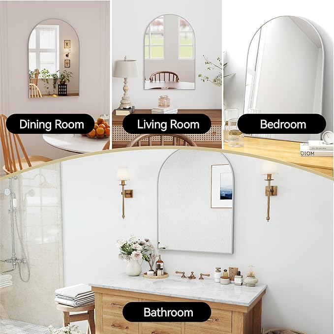 SCWF-GZ 24x36 Arch Mirror Square Full Length Wall Mounted Hanging or Against Wall Metal Aluminum Alloy Frame Dressing Make-up Mirrors for Entryway Bedroom Bathroom Living Room 24 36 inch Silver