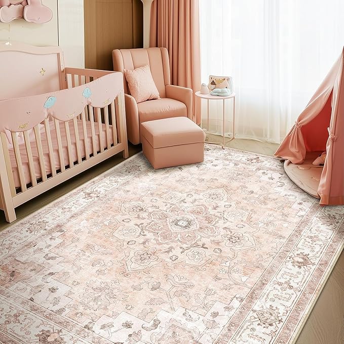 CAPALOCA Machine Washable Rugs Nursery Rug 5x8 Cute Girl Non Slip Low Pile Water Repellent Soft Print Pattern for Bedroom Indoor Decor Kids Playroom Pink