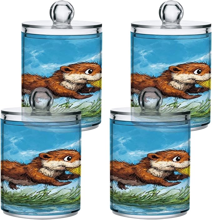 2 Pack Apothecary Jars,Otter Carries Corn Bathroom Vanity Storage Organizer Set,Small Clear Plastic Storage Jars Bathroom Canister for Cotton Swabs,Rounds,Balls,Qtips,Makeup Sponges