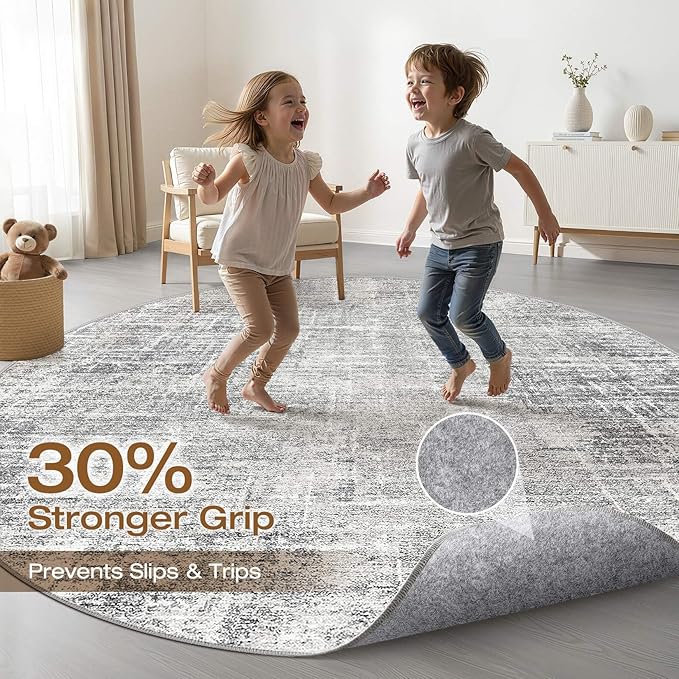 6ft Round Rug Living Room: 6x6 Washable Large Neutral Grey Circle Area Rug Abstract Soft Modern Stain Resistant Indoor Floor Non-Slip Carpet for Bedroom Nursery Kids Office Playroom Dining Room