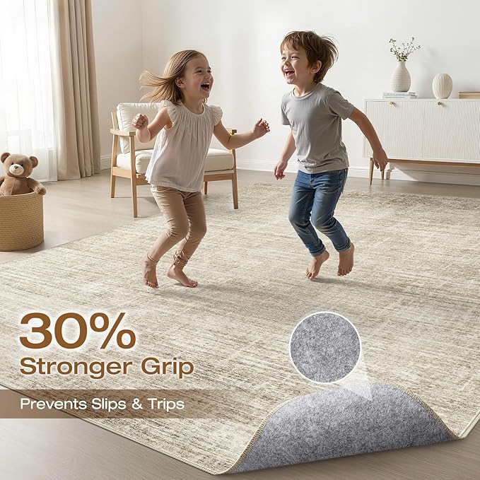 8x10 Area Rugs Living Room: Washable Large Neutral Beige Rug Abstract Soft Modern Stain Resistant Indoor Floor Non-Slip Carpet for Bedroom Nursery Kids Office Playroom Dining Room Under Table Home