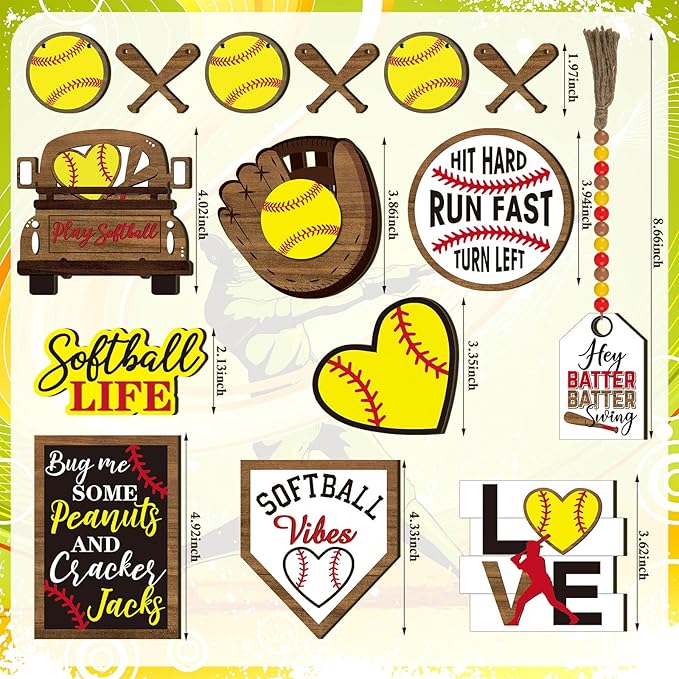 FairySandy 13 Pcs Softball Tiered Tray Decor Birthday Decorations Softball Wooden Table Decor Rustic Sport Game Sign for Fans Theme Supplies