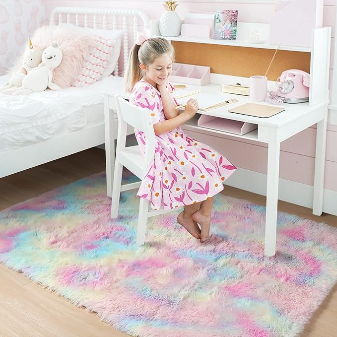 Rainbow Fluffy Kids Rugs for Girls Bedroom, Unicorn Room Decor Aesthetic, 5x8 Colorful Pastel Shag Area Rugs for Playroom Nursery Classroom, Cute Fuzzy Kawaii Princess Carpet for Baby Toddler Teen