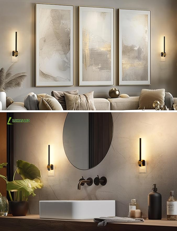L LOHAS LED Night Light, [2-Pack] Night Lights Plug into Wall, Dimmable Night Light 0-200LM, Nightlights Black and Gold Vanity Nightlights for Bathroom Bedroom, Soft White 3000K, Dusk to Dawn Sensor