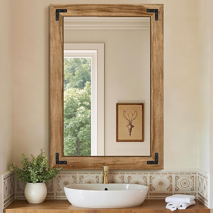 Wooden Bathroom Mirror for Wall, 38"x26" Solid Wood Frame Vanity Mirror, for Farmhouse, Bedroom, Living Room, Entryway Decor, Hangs Vertically or Horizontally