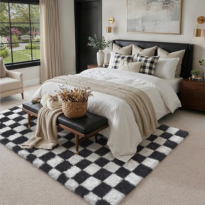 PureCozy Checkered Rug 7x10 for Living Room, Black and White Modern Shag Rugs Super Soft Washable Indoor Office Fuzzy Carpet Non-Slip Fluffy Rugs for Bedroom Home Aesthetic Decor