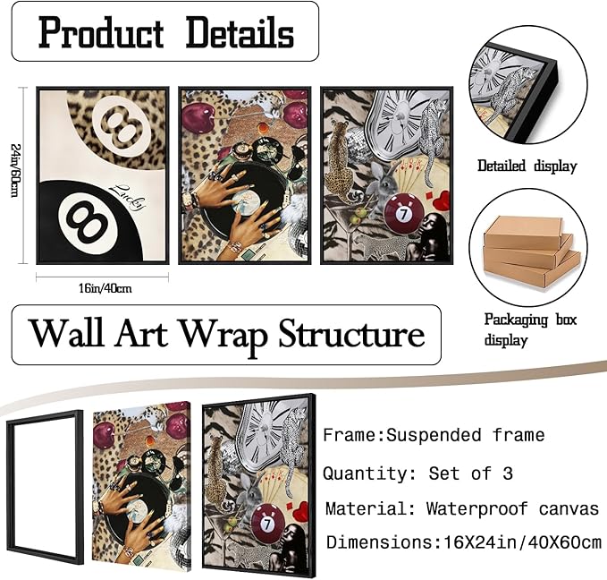 Fashion Cheetah Wall Art Set of 3 Leopard Wall Decor Pictures Lucky 8 Ball Poster Canvas Painting Prints Dark Red Cheetah Artwork for Bedroom Living Room 16x24 inch Black PS Framed