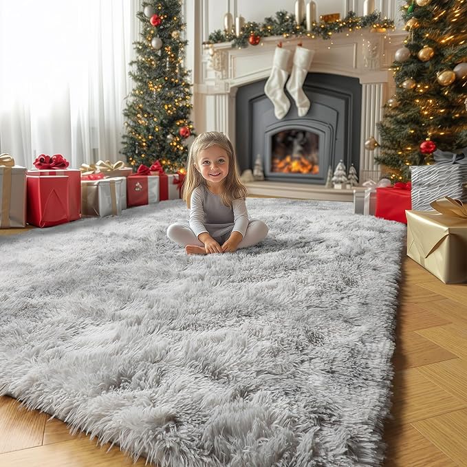 Amdrebio Tie-Dyed Light Grey Large Living Room Rugs 6x9, Furry Shag Area Rug for Bedroom, Big Soft Fluffy Rug for Kids Room Decor, Modern Fuzzy Shaggy Carpet, Plush Floor Rug for Classroom