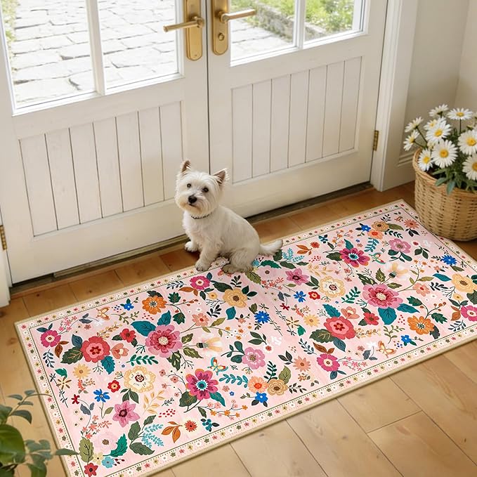 RELEANY Floral Nursery 2x5 Area Rugs Washable Print Boho Cute Carpet Non Slip Flower Low Pile for Living Room Kids Girls Playroom Bedroom Kitchen Office Farmhouse-Pink