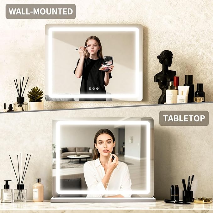 ROLOVE 23"x 18" Large Vanity Mirror with Lights, LED Makeup Mirror for Dresser and Desk, 10X Magnification, Dimmable Touch Control, Wall Mounted or Tabletop Mirror for Bedroom (White)