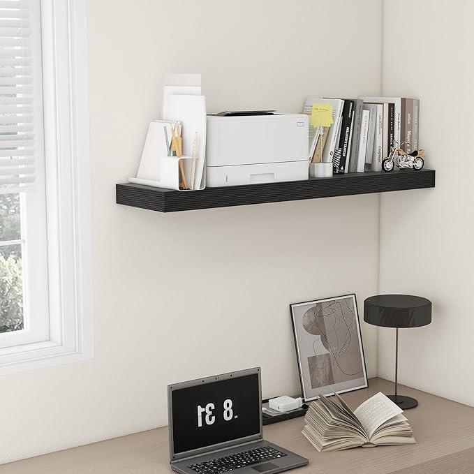 FLYJOE 48 Inch Black Floating Shelf | 12 Inch Deep Floating Shelves Set of 1 | 48" D x 12" D Rustic Wood Shelves for Wall | Deep Black Shelves for Living Room Bathroom Laundry Room Kitchen