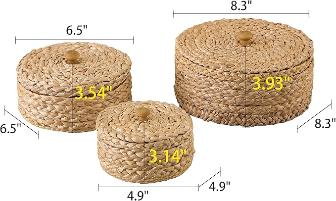 SOFE Round Rattan Storage Boxes with Lids Set of 3, Handwoven Wicker Basket, Small Baskets for Shelves, Boho Organizer Desk, Living Room Home Decoration
