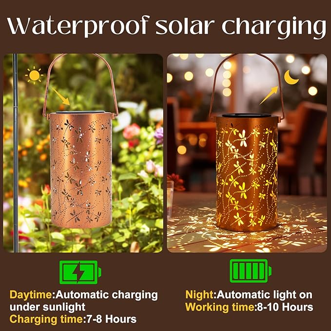 DIBIEECN Mothers Day Gifts for Mom, Birthday Gifts Grandma Ladies Solar Lanterns Outdoor Hanging Hollowed-Out Metal Waterproof LED Garden Decor Outside for Patio Yard Porch, Dragonfly, 4 Pack
