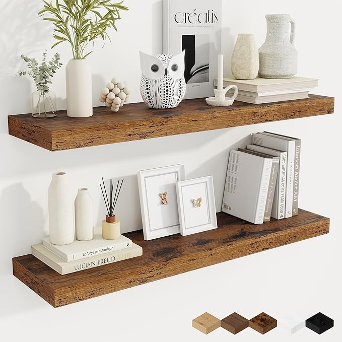 Fun Memories 36 Inch Floating Shelves, 9.3 Inch Deep Rustic Wall Shelves - Extra Deeper Wall Mounted Storage Shelves for Bathroom, Kitchen, Living Room (Brown, Set of 2)