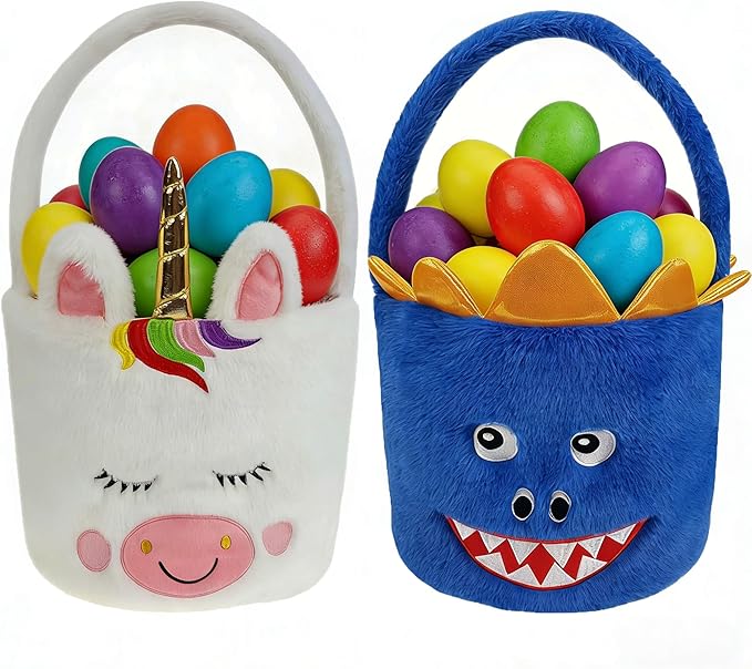 DearSun 2 Pcs Easter Basket Dinosaur & Unicorn Plush Baskets, Easter Egg Hunting Basket for Kids Gifts Party Decoration Supplies, Dia 8" * H 15.7"