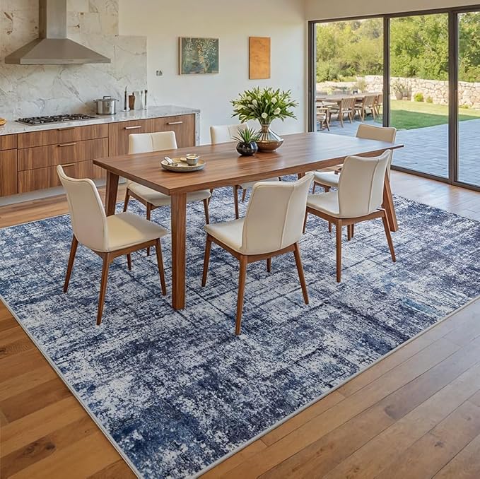 10x14 Area Rugs for Living Room Washable Rug: Anti-Skid Abstract Modern Living Room Rug Soft Thin Carpets Indoor Floor Non-Shedding Carpet for Bedroom Dining Farmhouse Nursery Navy Light Gray