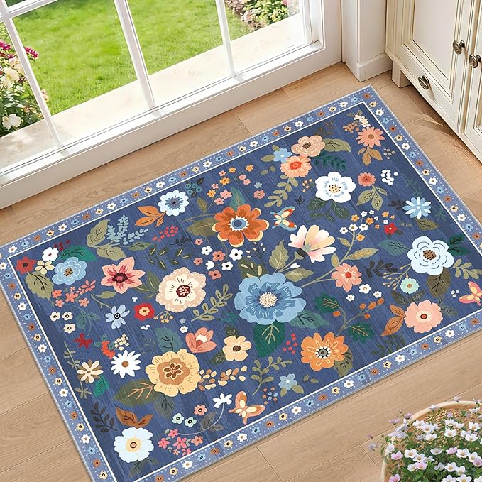 RELEANY Floral Nursery 2x3 Area Rugs Washable Print Boho Cute Carpet Non Slip Flower Low Pile for Living Room Kids Girls Playroom Bedroom Kitchen Office Farmhouse-Blue/Grey