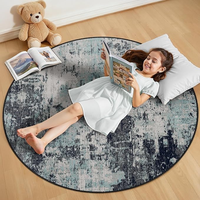 RELEANY Washable Area Rugs 4ft Non-Slip Modern Abstract Soft for Living Room Entryway Bedroom Nursery, Print Pattern, Blue Black Teal
