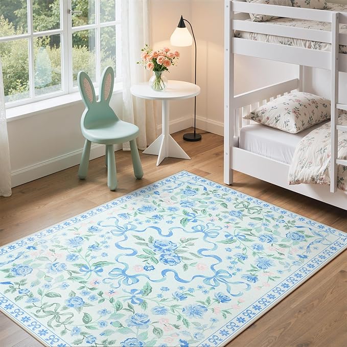 GENIMO 3X5 Washable Vintage Area Rugs for Living Room, Non-Slip Low Pile Chenille Print Rug, Soft Rugs for Bedroom Dining Room Home Office, Pastel Blue