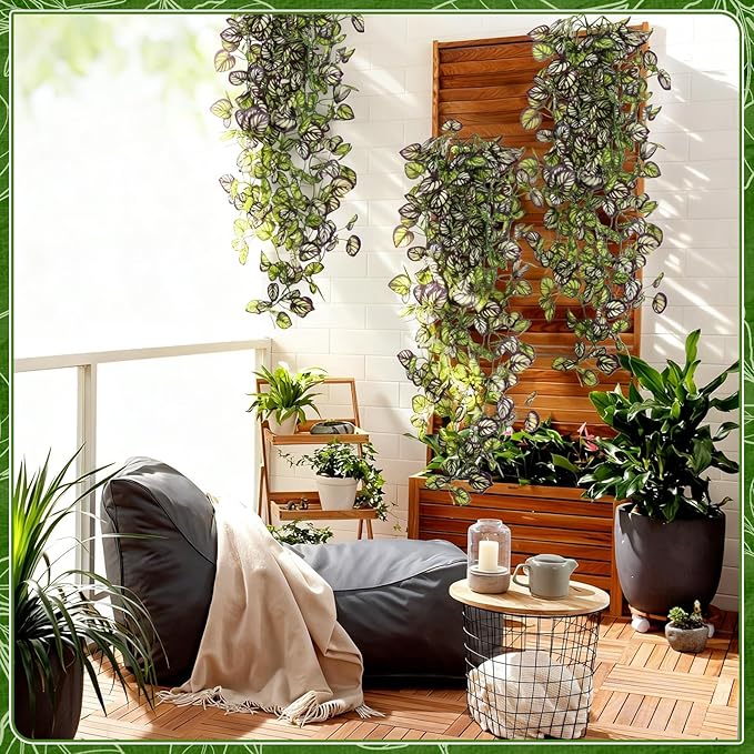 2-Pack Fake Hanging Plants, Faux Hanging Plant Artificial Greenery for Living Room Bedroom Boho Wall Shelf Indoor Outdoor Decor (Purple Feather Leaf)