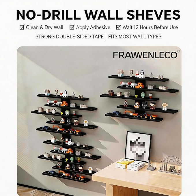 No Drill Floating Shelf for Wall, 5-Tier Wall Mounted Organizer, Damage-Free Display Shelf for Collectibles, Figures, Bathroom Kitchen Storage, Black