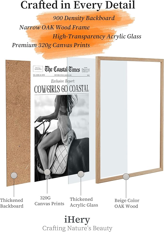 iHery Cowgirls Go Coastal Small Framed NewsPaper Canvas Wall Art,Natural OAK Wood 8x10in Wall Decor For Bedroom, Trendy Western Horseback Riding Times for Dorm Living Room, Home Décor 1Pack