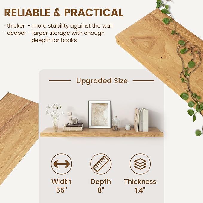 Venusmiles Elm Floating Shelves for Wall Decor, Rustic Solid Wood Shevles Wall Mounted with Invisible Bracket for Living Room Bathroom Bedroom Kitchen, 55 Inch Set of 1, Natural