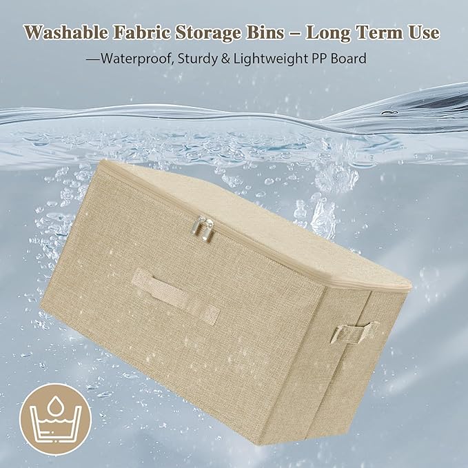 ANMINY Storage Bins with Zipper Lids 51.9 Qt Lidded Fabric Storage Boxes Baskets Cubes with Handles Collapsible Washable Cotton Linen Closet Shelf Clothes Organizer - Beige, Extra Large