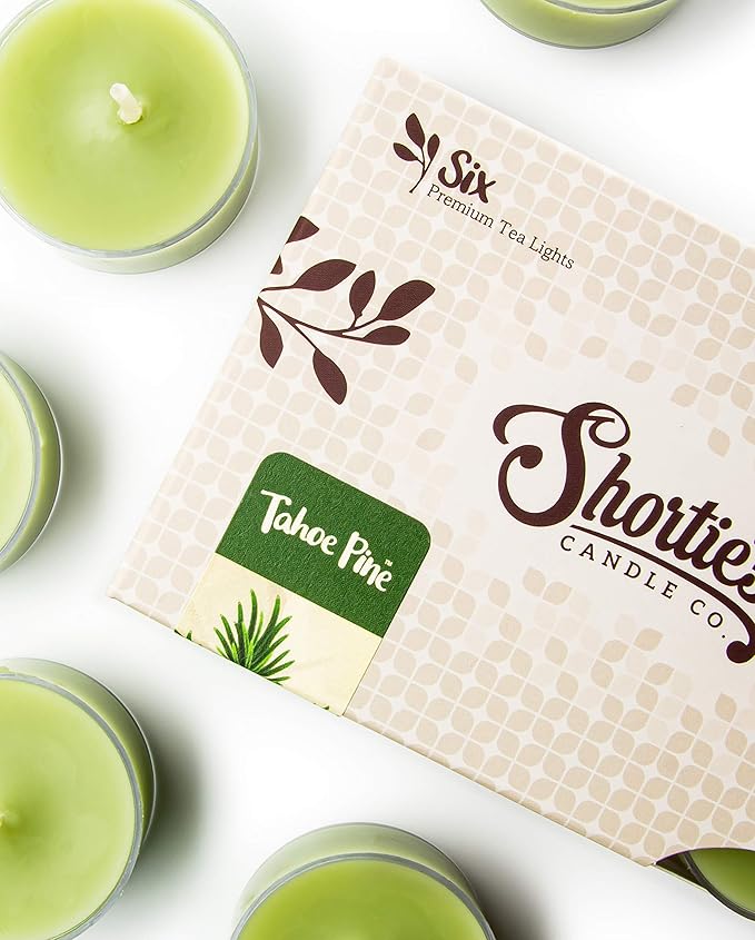 Shortie's Candle Company Tahoe Pine Premium Tealight Candles - Highly Scented with Essential & Natural Oils - 6 Green Tea Lights - Beautiful Candlelight - Made in the USA - Fresh & Clean Collection