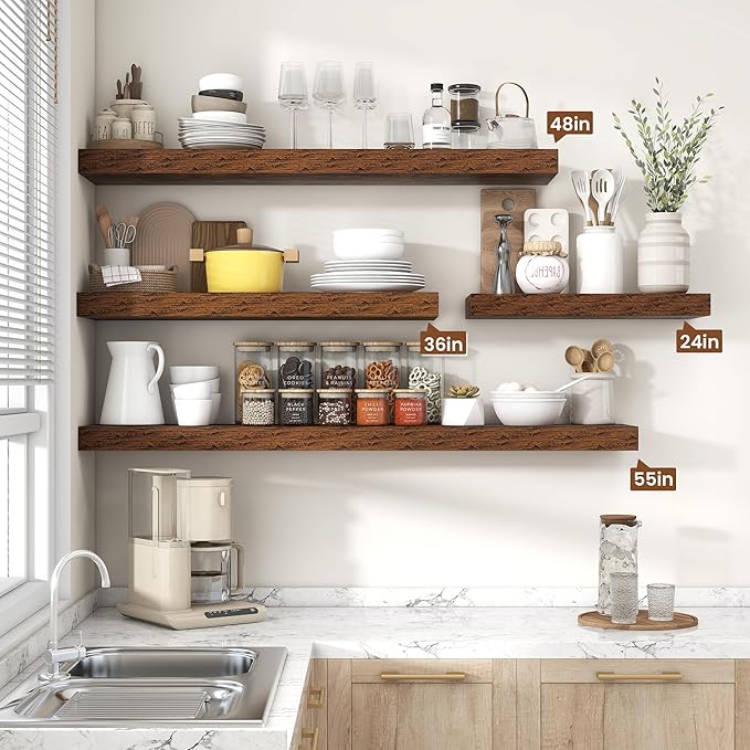 Heimlove Floating Shelves for Wall 48 Inch Long,Extra Large and Thick Wood Shelves Mounted Storage Hanging Shelf Invisible Bracket for Bedroom,Living Room,Kitchen,Office,Set of 2,Rustic Brown