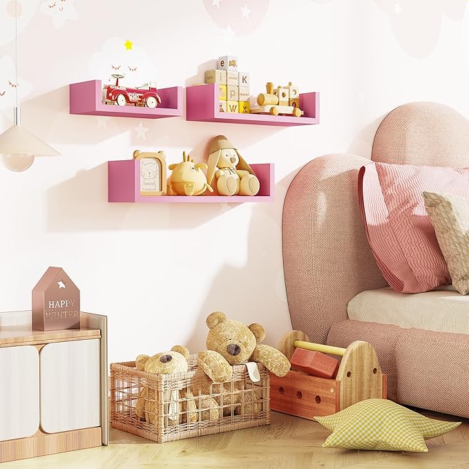 SRIWATANA Floating Shelves Wall Mounted, Solid Wood Wall Shelves, Pink
