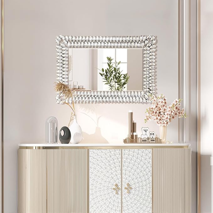 24x36 Inch Rectangle Mirrors for Wall Decor, Luxury Diamond Entryway Mirrors for Wall, Silver Decorative Mirror for Living Room, Bedroom, Bathroom, Dining Room, Fireplace