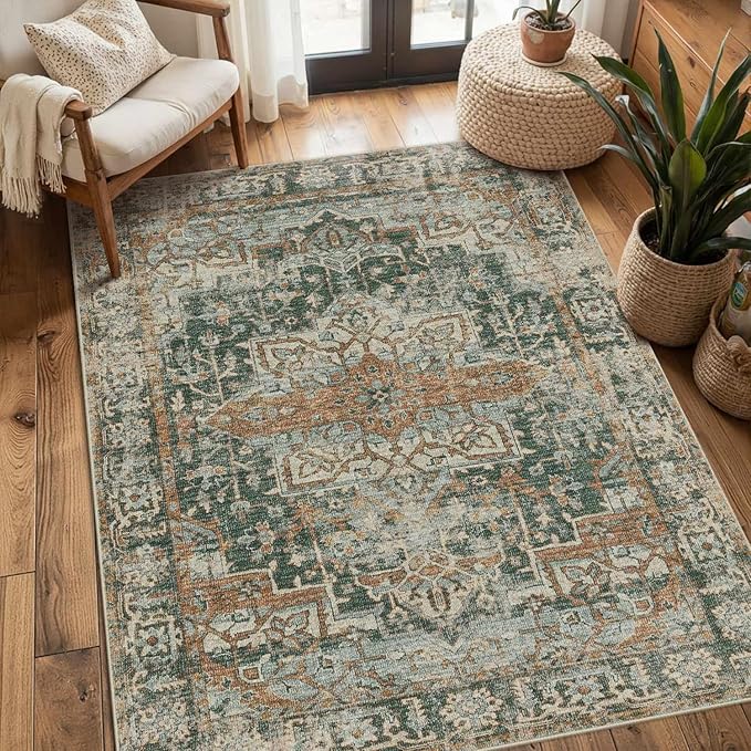Rugxara 3x5 Rug for Entryway Bedroom, Green 3x5 Washable Area Rug, Vintage Retro Boho Throw Rug, Non Slip & Low Pile Small Carpet for Indoor Kitchen, Bedside, Living Room, Bathroom and Dining