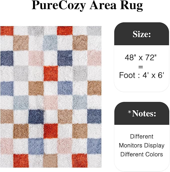 PureCozy Checkered Rug 4x6 for Living Room, Modern Rainbow Shag Rug Super Soft Washable Fluffy Rugs Indoor Fuzzy Carpet for Bedroom Home Dorm Aesthetic Decor