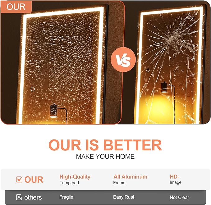 Full Length Mirror with Lights, 56" x 18" LED Lighted Floor Standing Body Mirror, Dimmable & 3 Color Lighting for Bedroom, Cloakroom, Dressing Room, Tempered Glass, Square Black