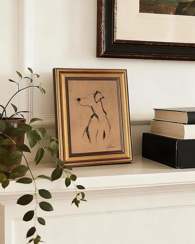Bzstyleart Vintage Wall Art Decor, Gold Framed Wall Art 8 x 10 Inch Sketch Dog Turn Left, Animal Painting Picture Framed Canvas Wall Art, Dog Print Painting for Bedroom Living Room Bathroom Kitchen
