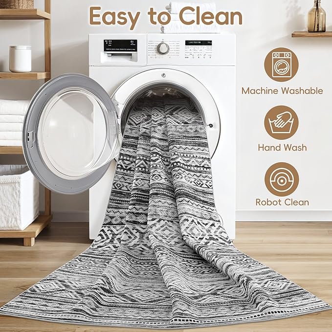 cotiled 7x10 Area Rug Living Room: Washable Boho Rugs with Non Slip Backing Large Soft Indoor Stain Resistant Carpet for Bedroom Farmhouse Dining Room Lightweight Home Decor White/Black