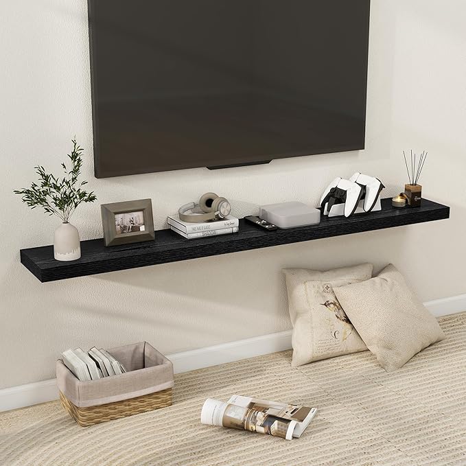 Fun Memories 66 Inch Fireplace Mantel Shelf with Invisible Bracket, 8 Inch Deep Floating Shelf for Living Room, Kitchen, Farmhouse, Black (2-Pack)