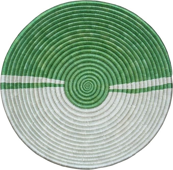 Handwoven African Sisal Basket Bowl Handmade Woven Fruit Bowl, Decorative Wall Basket for Home Décor, Living Room Centerpiece Gifts Zen Design Arts and Crafts (Green Off White, 12in diameter)
