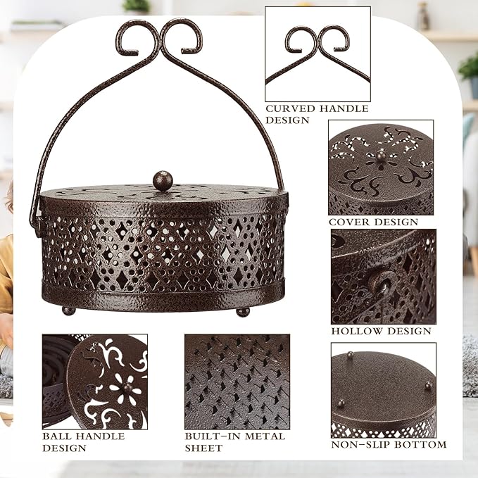 Lallisa 2 Pieces Incense Coil Holder Mosquito Coil Holder Retro Portable Round Metal Hanging Incense Burner Holders with Handle for Home Indoor Outdoor Camping Patio (Bronze Color)