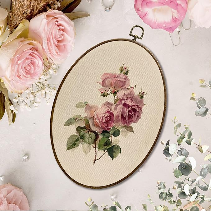 JQF Vintage Antique Pink Rose Oval Wall Art, Spring French Botanical Oval Canvas Wall Art, Rustic Cottagecore Floral Framed Prints Hanging Decor for Home Bedroom Living Room, 8.5x11.5 Inch