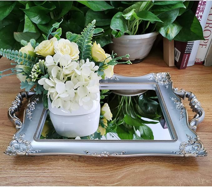 Rectangle Decorative Mirror Tray, French Style, Makeup Organizer, Jewelry Organizer, Serving Tray, 9.5"x 14.9", Golden Silver