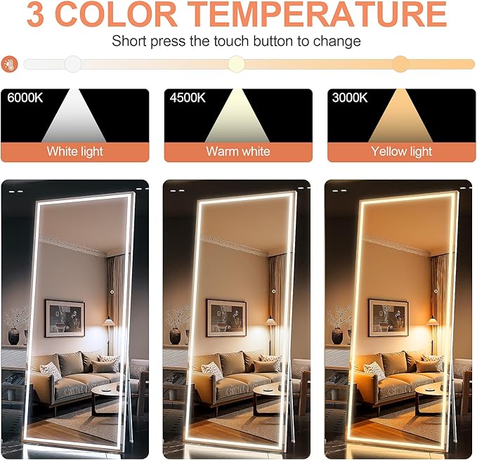 71" x 28" Full Length Mirror with Lights, LED Lighted Floor Standing Body Mirror, Dimmable & 3 Color Lighting for Bedroom, Cloakroom, Dressing Room, Tempered Glass, White Frame