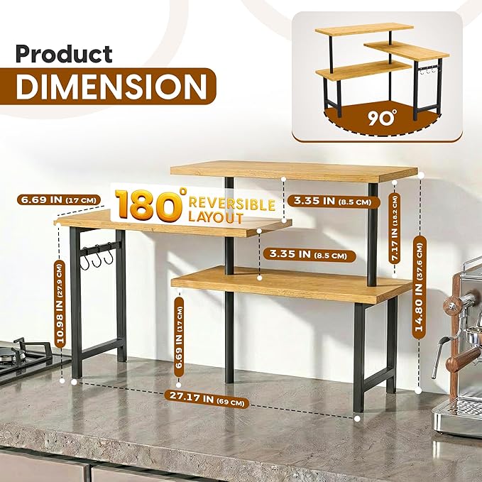 3-Tier Bamboo Corner Countertop Organizer with Extended Top Tier, Corner Shelf for Kitchen Counter, Coffee Bar Organizer, Bathroom Counter Organizer, Kitchen Corner Shelf, Space Saver