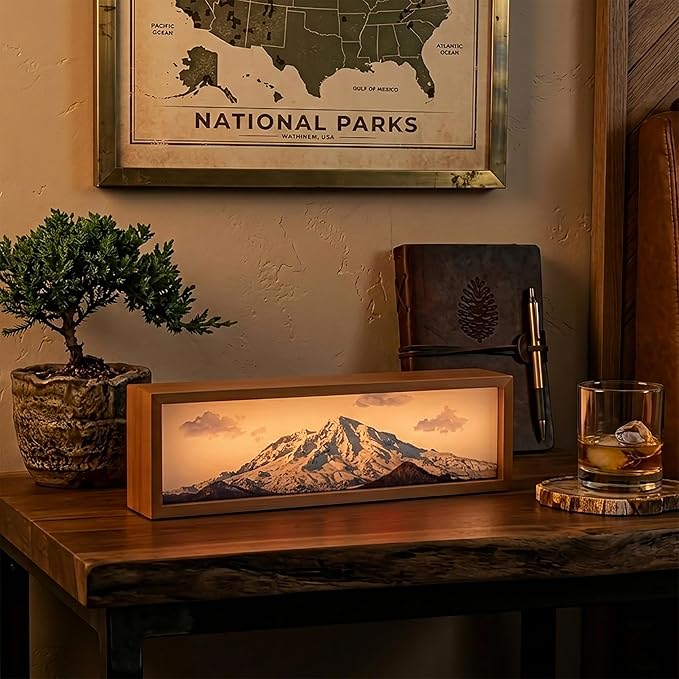 Snowy Mount Rainie Led Light Box 3 Layers of Acrylic Light Box - Handmade Table Lamp for Room Decor - National Park Travel Signs Travel Gift