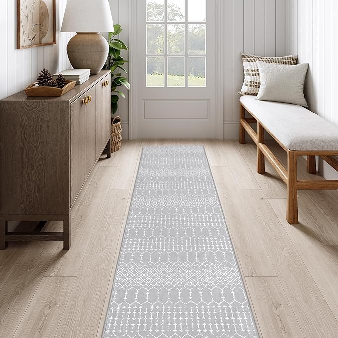 Lahome Moroccan Washable Rug Runner 2x10 Non-Slip Runner Rug for Kitchen Stain Resistant Grey Carpet Runners for Hallway 10Ft, Modern Geometric Print Soft Floor Carpet for Bathroom Entryway Foyer Hana